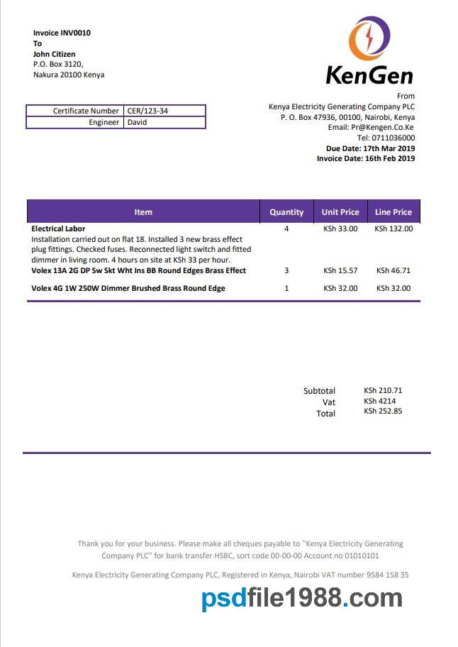 Kenya KenGen Electricity Generating Company Utility Bill